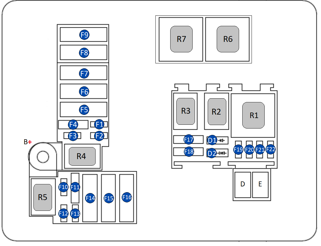 Схема блока предохранителей и реле под капотом Рено Логан 2 (вариант 2)