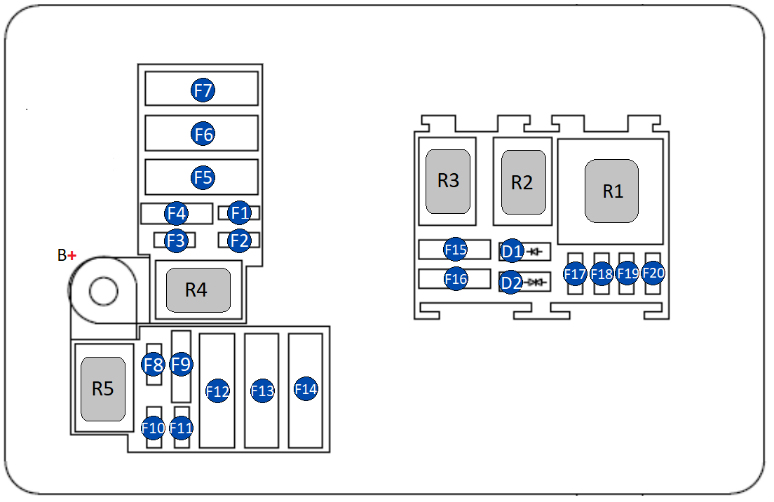Схема блока предохранителей и реле под капотом Рено Логан 2 (вариант 1)