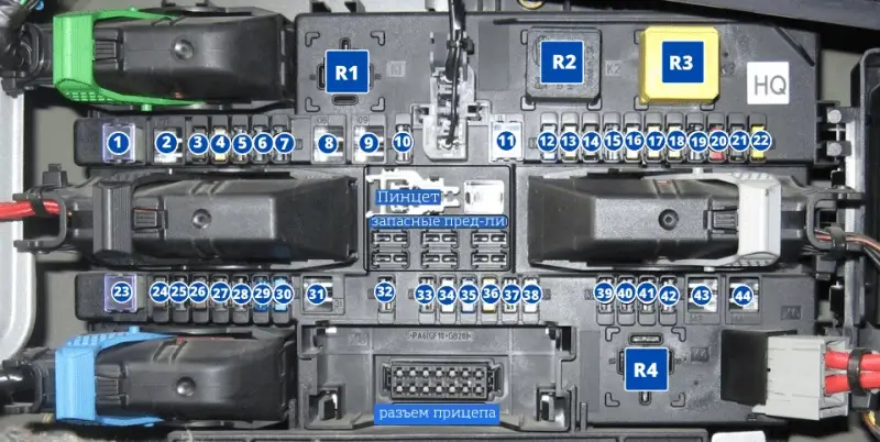 Схема блока предохранителей и реле Опель Астра h в багажнике (модуль REC)