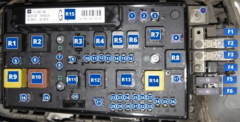 Схема блока предохранителей и реле под капотом Опель Астра H